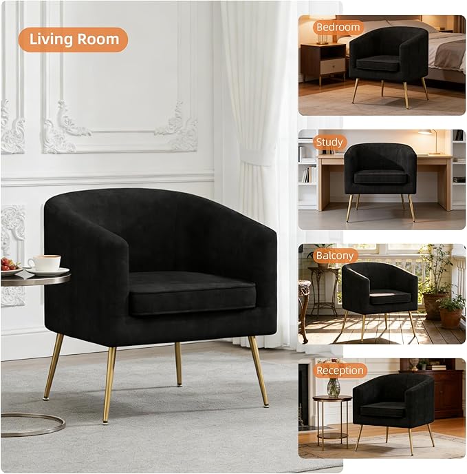 Velvet Barrel Chair Modern Accent Chair with Metal Sturdy Legs Club Chair Comfy Armchair Modern Tub Chair for for Living Room Bedroom Waiting Room Black
