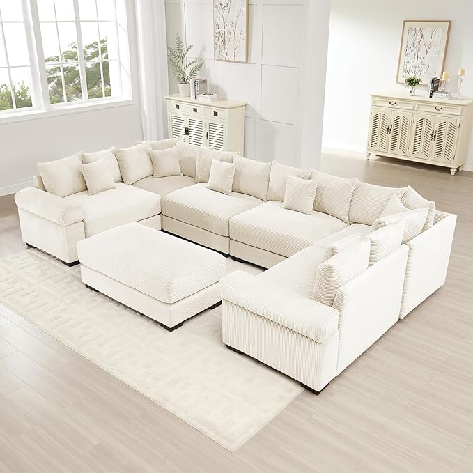 Ottoman for Modular Sectional Sofa Corduroy Oversized Sectional Couches for Living Room Bedroom Apartment Deep Seat Cloud Sofa Couch Sofá para Sala White
