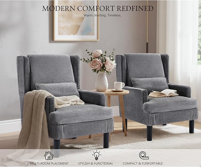 Accent Chairs Set of 2 for Living Room Chairs Modern Accent Chair Oversized Reading Chair for Living Room Sofa Chair with High Back and Wood Legs Upholstered Armchair Comfy Chair for Bedroom (Grey)