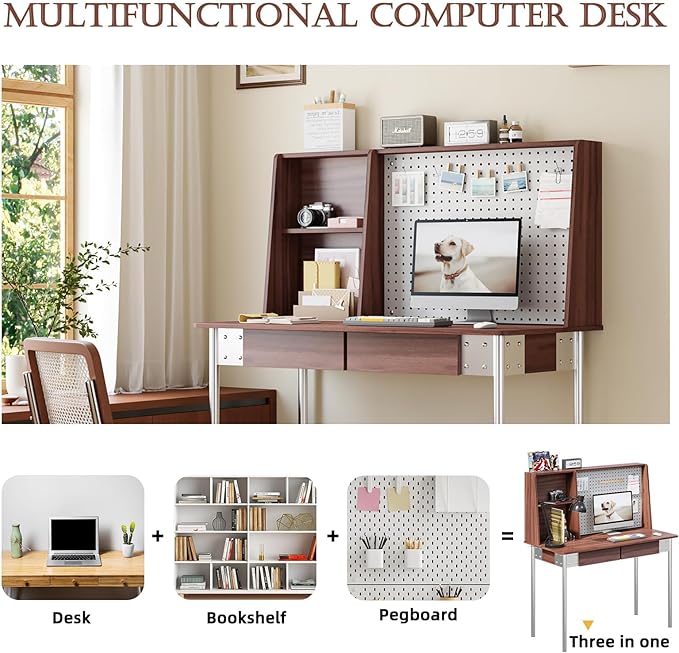JOMEED 47 inch Desk with Hutch and Drawers Office Desk with Bookshelf and 3 Drawers File Cabinet Set Writing Desk with Pegboard for Home Office Walnut