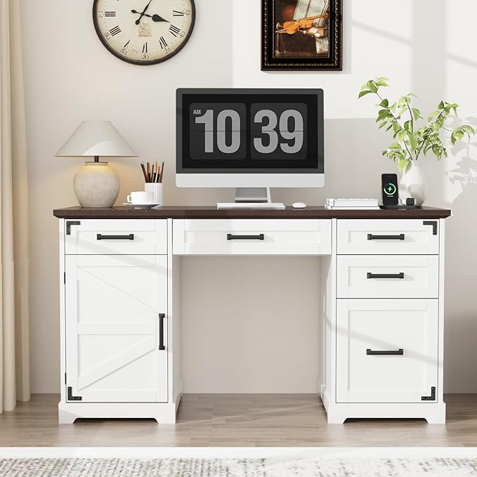 VOWNER 55 Executive Desk Home Office Desk with Drawers and Storage Cabinet Farmhouse Wood Desk Workspace for Work Study Writing Charging Station Letter/A4 File Drawer White