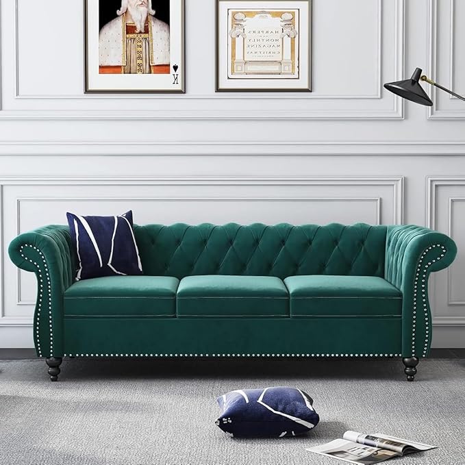 AVZEAR 3 seat Sofa Velvet Sofa Living Room Sofa Large Sofa Modern Chesterfield Fabric Modern 3 Seater Couch Furniture Classic Tufted Chesterfield Settee Sofa Green