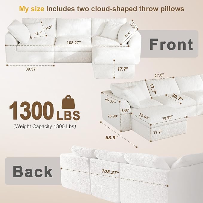 Cloud Sectional Couches 108 Boneless Sofa Bed Modular Sectional Sofa for Living RoomFreely ConfigurableDeep SeatingNon-Slip Bottom No Assembly Required(White3 Seater+3 Ottoman)