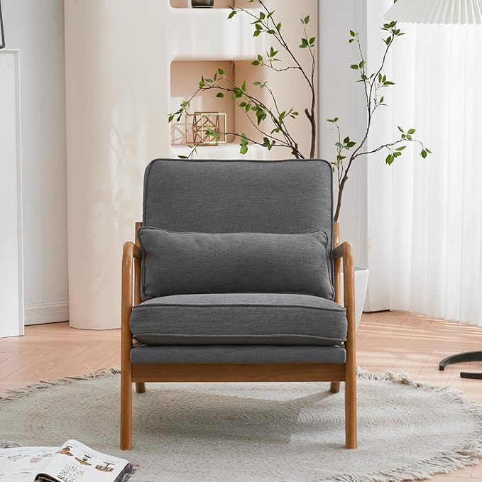 Mid Century Modern Accent Chairs Single Linen Lounge Reading Armchair with Solid Wood Frame Easy Assembly Arm Chairs for Living Room-Grey