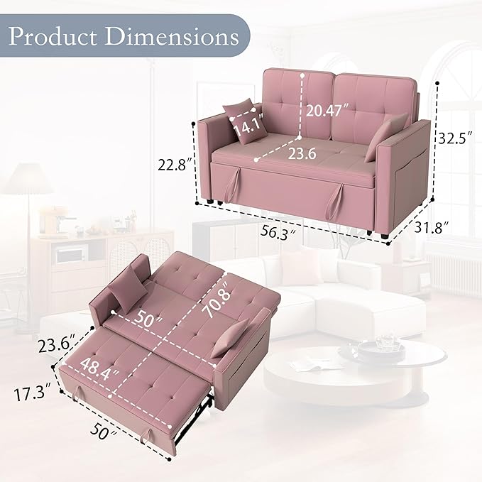 Pull Out Sofa Bed: 71 Pink Convertible Loveseat Sleeper Sofa Bed for Small Space Modern 3 in 1 Couch with Storage Couch Beds for Living Room (Pink)