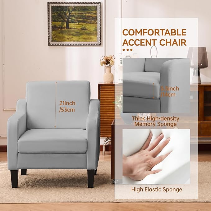 Accent Chair for Living Room Modern Velvet Living Room Chairs with Wide Backrest Upholstered Comfy Chair with Cushion Oversized Sofa Chair with Wood Legs Single Armchair Grey