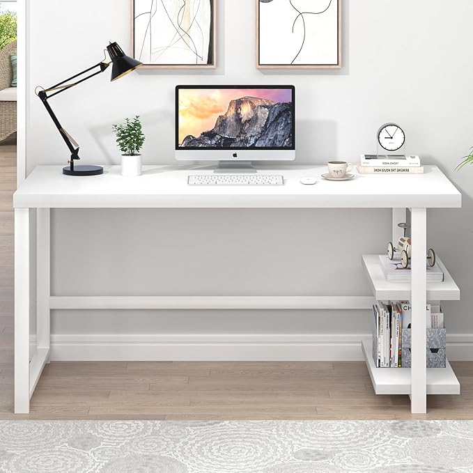 EXCEFUR White Computer Desk Modern Home Office Desk with Storage Shelf Wood and Metal Writing Study Table for Living Room Bedroom 53 Inch