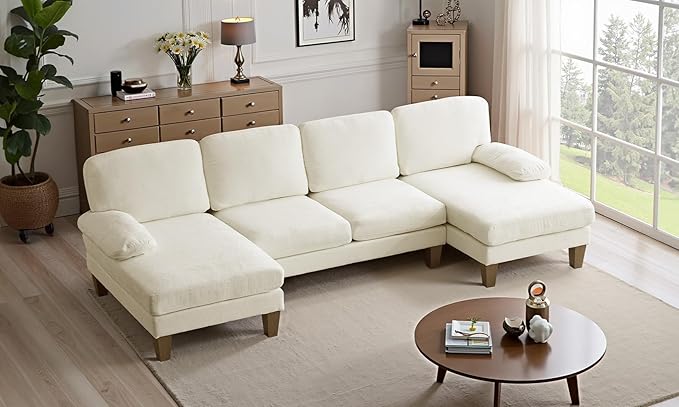 VINGLI 110 Sectional Couches for Living RoomU Shaped Couch with Double Chaise 4-Seat Sofa Set with Chenille Fabric for Home FurnitureBeige