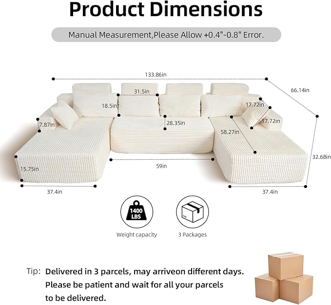 134 Boneless Couch for Living Room Oversized U Shaped Modular Cloud Sofa with Deep Seat Ergonomic Memory Foam Sleeper Chair Comfy Fluffy Corduroy Sectional Couches No Assembly White