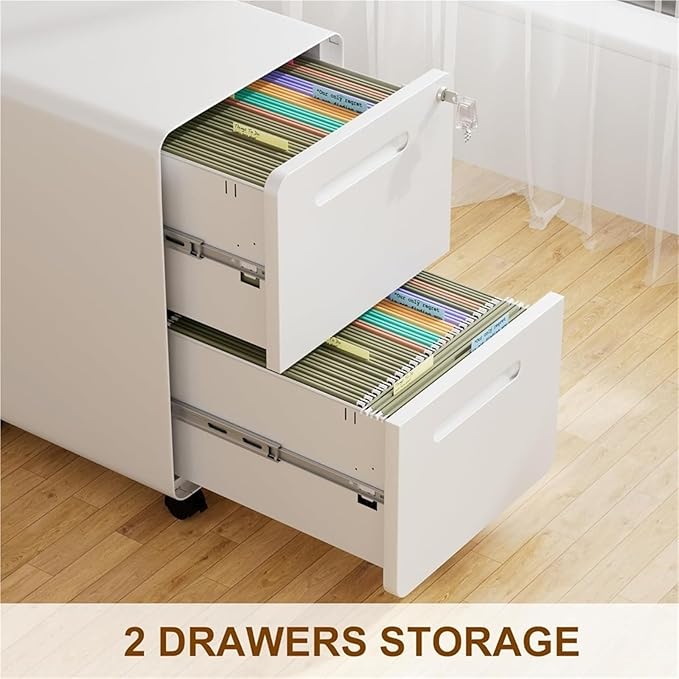 Mobile File Cabinet 2 Drawer File Cabinet with Lock and 4 Keys Mobile Metal Filing Cabinets for Home Office Under Desk Pre-Assembly(White)