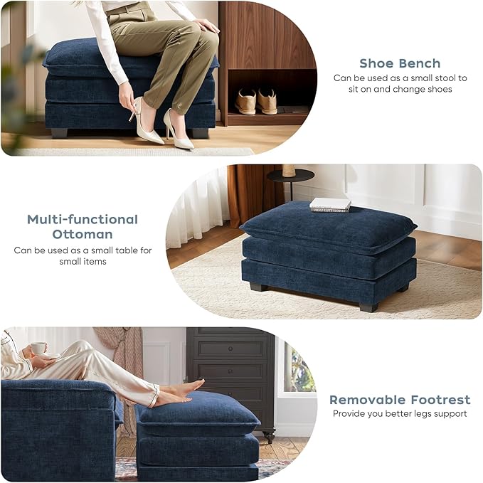 CDCASA Oversized Accent Chair with Ottoman Chenille Comfy Cloud Sofa Chair with Large Seat and Upholstered Armrests Modern Extra Wide Armchair for Bedroom Living Room Blue