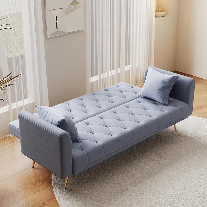 72Modern Velvet Sofa Bed FutonConvertible Folding Sleeper Bed Couches with 3 Adjustable BackrestsTufted Recliner Loveseat with Golden Chrome Legs for Small Living Room Office (Dark Grey+pillows)