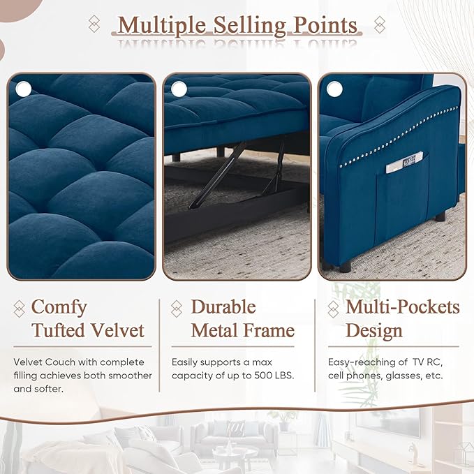 Antetek 3 in 1 Sleeper Sofa Couch Bed with USB &amp Type C Port 52 Small Modern Convertible Tufted Velvet Loveseat Sofa w/Pull Out Bed for Living Room Small Space Apartment Blue