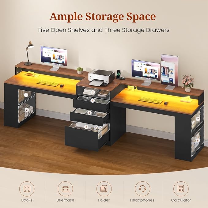96.6 Long Computer Desk 2 Person Desk with LED Lights &amp Power Outlet Modern Two Person Gaming Desk with File Drawers Monitor Stand Printer Shelf ＆ Storage Double Table for Home Office Black