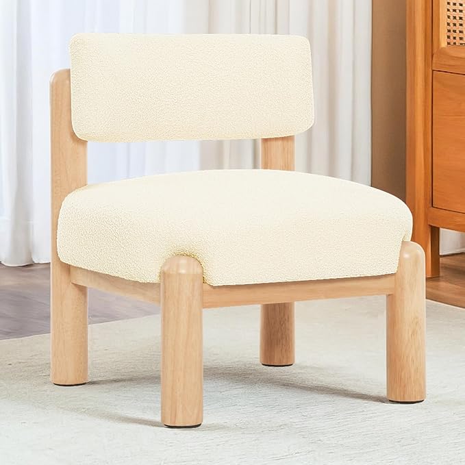 Furniliving Mid Century Accent Chair Armless Upholstered Living Room Chair with Solid Wood Comfy Modern Lounge Chairs for Bedroom Home Office Dining Room Reading Room Beige White