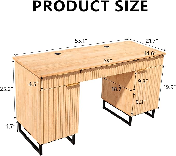 55 Fluted Executive Desk with File DrawerWooden Computer Desk with StorageLight Wood Modern Office Desk for Work and StudyingNatural Oak (1 Natural Oak)