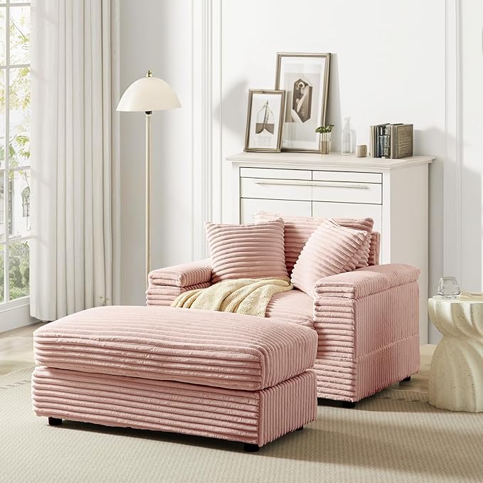 Chaise Lounge Chair Indoor 44 Inch Comfy Corduroy Sectional Cloud Couch Upholstered Single Sofa w/Movable Ottoman for Living Room Bedroom Apartment Pink