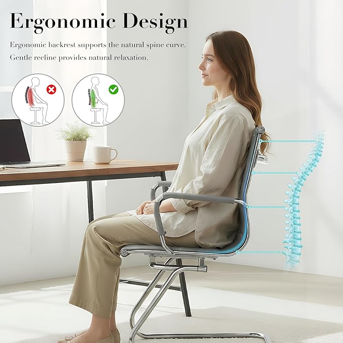 CIMOTA Waiting Room Chairs Leather Office Guest Chair Mid Back Reception Chairs with Sled Base for Meeting/Patient/Conference Room Grey Set of 4