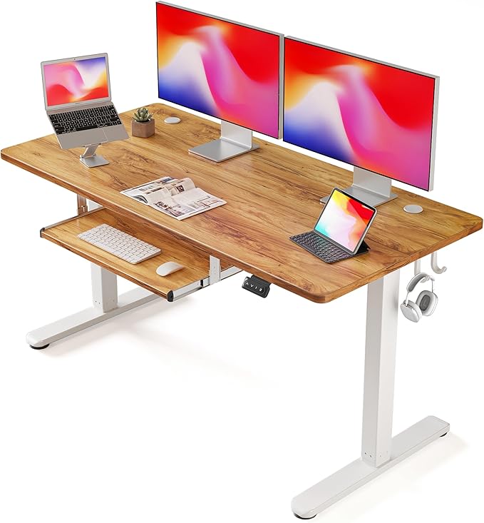 FEZIBO Standing Desk with Keyboard Tray 55 x 24 Inch Adjustable Height Sit Stand Desk with Memory Presets for Home Office Ergonomic Computer Workstation Light Rustic