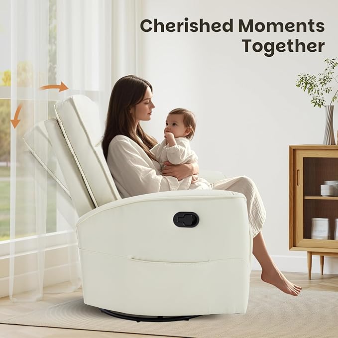 CANMOV Rocker Recliner Chair360°Swivel Nursery Glider ReclinerManual Recliner Sofa with Padded Armrest and BackrestLeather Recliner for Small SpacesLiving RoomBedroom (White)