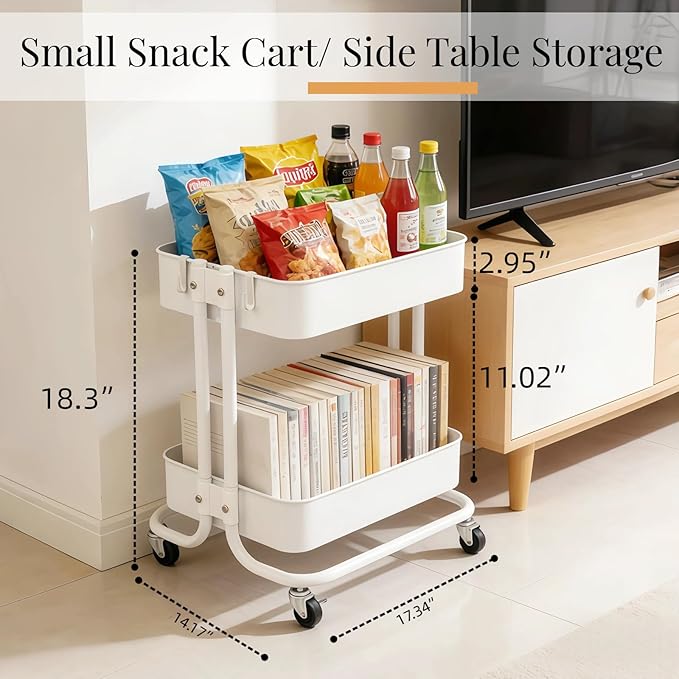2 Tier Under Desk Storage Cart with Wheels Heavy Duty Metal Short Rolling Pantry Storage Cart for Small Space Utility Trolley for Kitchen Bathroom Laundry Cute Snack Craft Organizer White