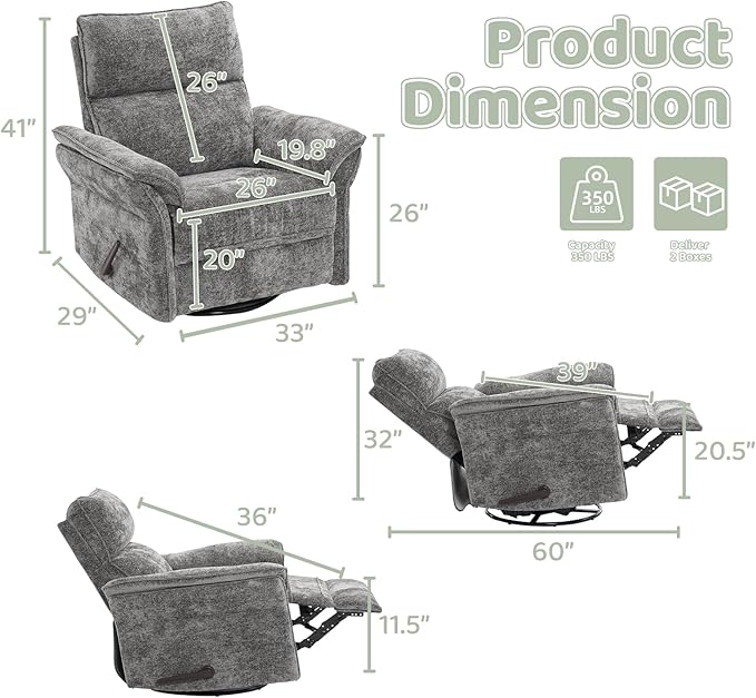 Oversized Rocking Chair Nursery with Adjustable Headrest 26 Extra Wide Glider Recliner Nursery Chair for Nursery 360° Swivel Rocker Recliner with Overstuffed Armrest Dark Grey