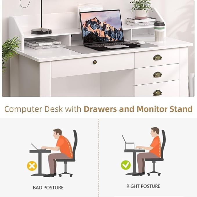 4 EVER WINNER White Desk with Drawers Small Desk with File Drawer for Small Spaces Writing Desk with Monitor Stand Wood Table for Home Office White