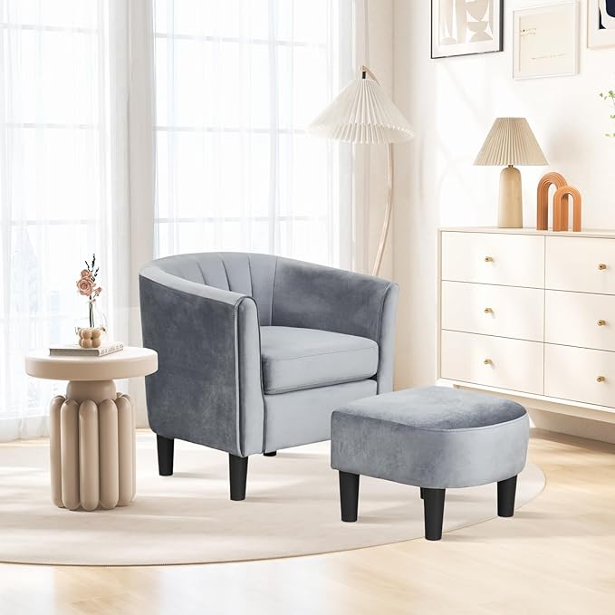 Giantex Modern Accent Chair with Ottoman Upholstered Teddy Velvet Barrel Club Chair w/Footrest Curved Backrest &amp Armrests Non-Slip Felt Pads Comfy Accent Arm Chair for Living Room Bedroom Gr