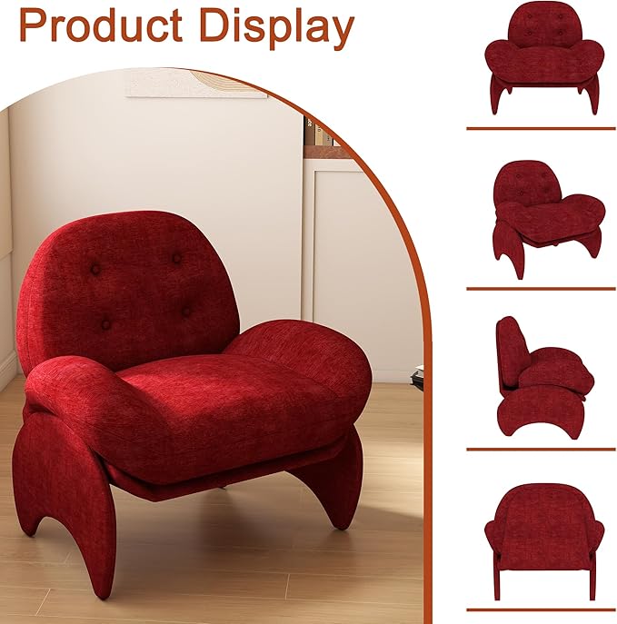 thksbought Modern Accent Chair Red Chenille Mid Century Lounge Armchair with Button Tufted Back Comfy Luxury Crab Chair with Upholstered Seat for Bedroom Apartment Studio Office (Red 1PC)