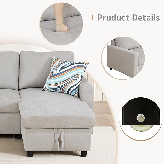 L-Shaped Sleeper Sofa with Chaise Lounge &amp Storage Pull-Out Couch Bed with Recliner Full Size Futon for Living Room Office Apartment Beige