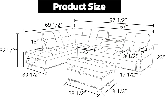 L Shaped Sectional Sofa with Ottoman Leather Modern Couches Nail-Head Design with Cup Holder for Living RoomOffice Bedroom Brown