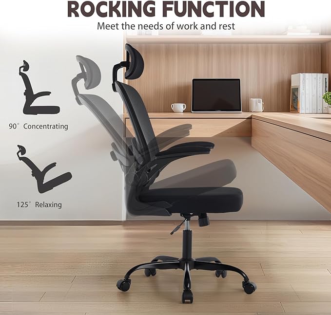 Ergonomic Office Chair with 3D Adjustable Lumbar Support Mesh High Back 75° Rotating Headrest Rocking Function 300lbs Capacity Black/White (Black)