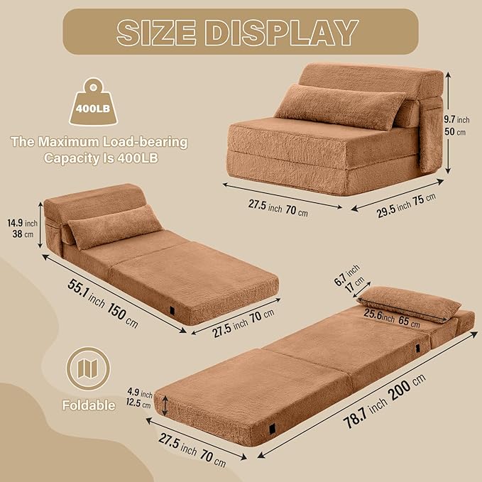Tiita Convertible Folding Sofa Bed Single Size for Adults with Pillow Plush Fabric Floor Mattress Couch Bed Washable Cover &amp Side Pocket Guest Room Dorm Apartment Living Room Brown