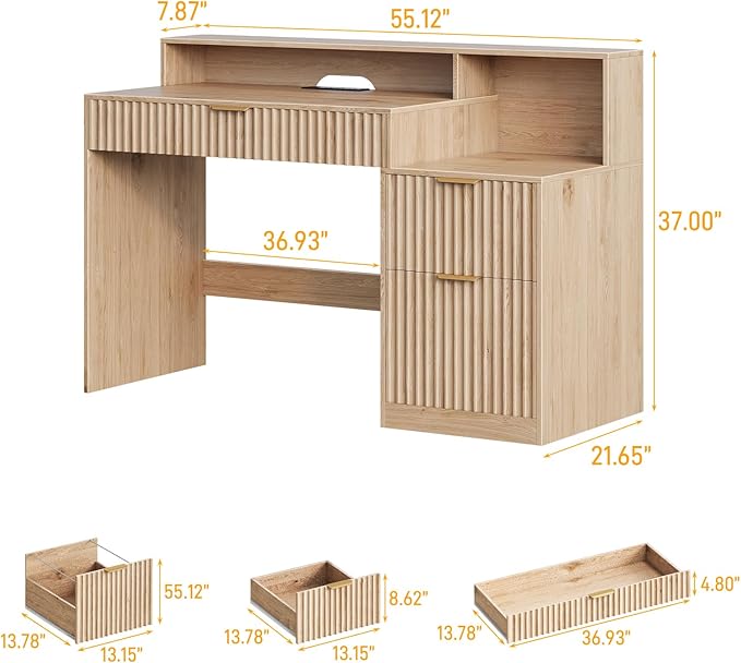 Vabches Fluted Computer Desk with Drawers Home Office Desk with Power Outlets Printer Stand and Storage Cabinet Study Writing Desks with Long Monitor Stand Oak