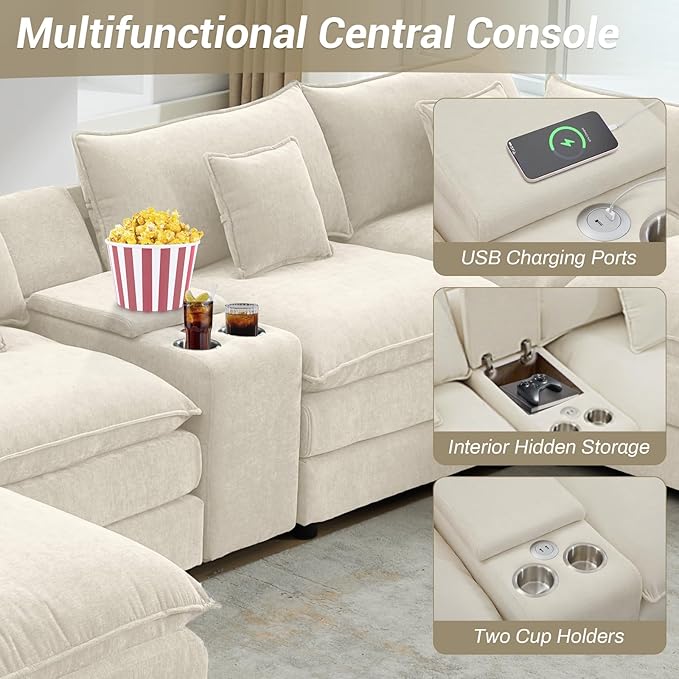 145 Oversized Modular Sectional Sofa U Shaped Cloud Couch 6 Seat Sofa Set for Living Room Comfy Fluffy Chenille Deep Seat with Storage Central Console Movable Ottomans Cup Holders USB Ports White