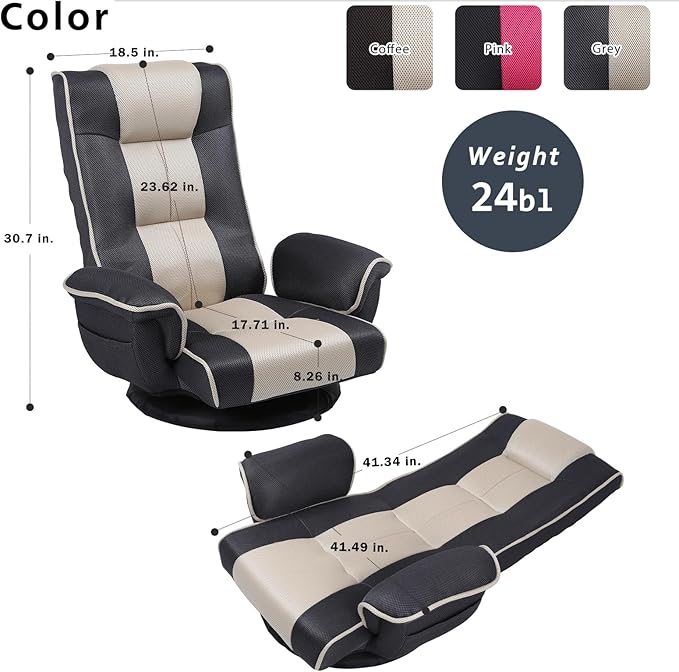 FLOGUOR 360 Degree Swivle Adjustable Floor Chair Chaise Lounge Indoor Folding Lazy Sofa with Armrests and Side Pocket Adults Gaming Chairs for Living Room Bedroom Factory Price 201 (BK-GR)