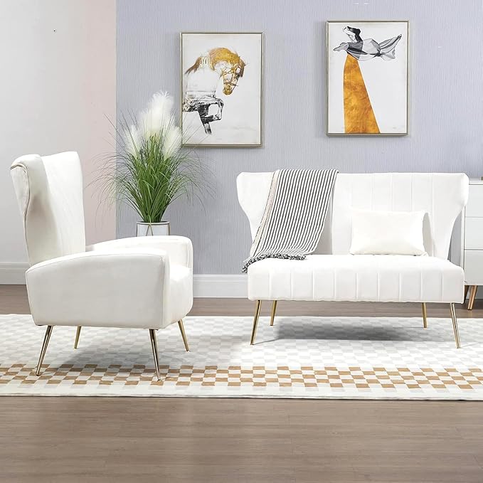 50’’ Armless Loveseat Sofa Comfy Upholstered Velet Small Couch Sofa with Gold Legs 2 Seater Tufted Modern Couch for Living Room Bedroom Apartment Small Space (White)