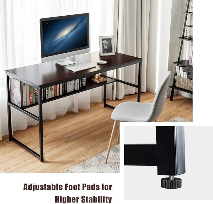 DORTALA 55 Industrial Computer Desk Contemporary Writing Table w/Storage Shelf Large Tabletop Sturdy Metal Structure Adjustable Foot Pads