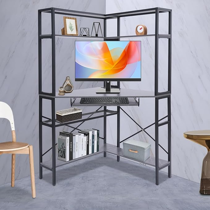 Corner Desk with Hutch 90 Degrees Triangle Computer Desk w/Keyboard Tray &amp Bookshelves for Small Space Space Saving Writing Desk w/Storage Shelves for Bedroom Apartment (Gray)