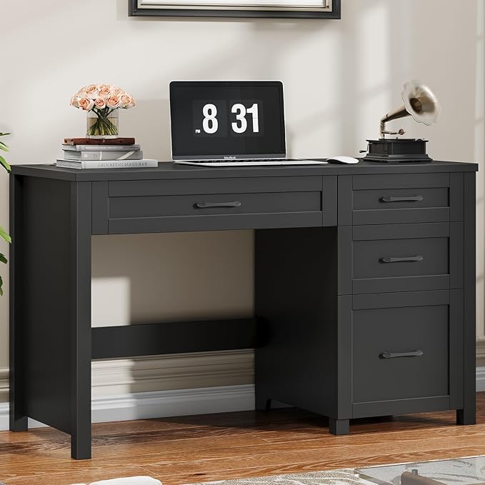Vabches Farmhouse 47 Executive Desk Computer Desk with File Drawer and Charging Station Workstation for Home Office Study(Pure Black