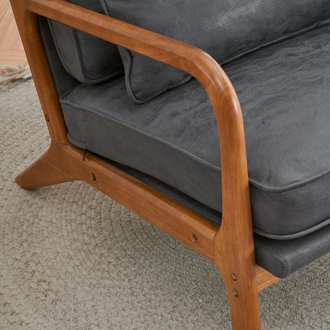 Mid Century Modern Accent Chairs Single Linen Lounge Reading Armchair with Solid Wood Frame Easy Assembly Arm Chairs for Living Room-Dark Grey