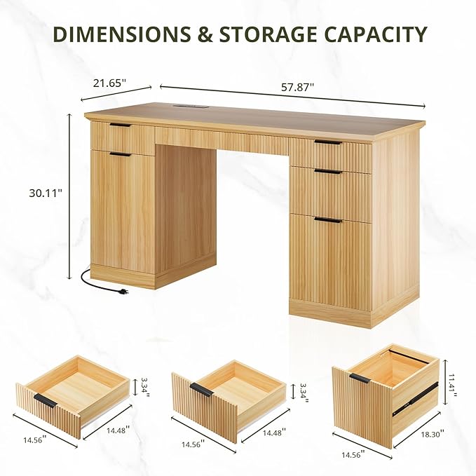 FURSUN 58 Executive Desk with Charging Station &amp File Drawer Modern Fluted Home Office Desk with 5 Drawers &amp Keyboard Tray Large Computer Writing Desk Natural Oak