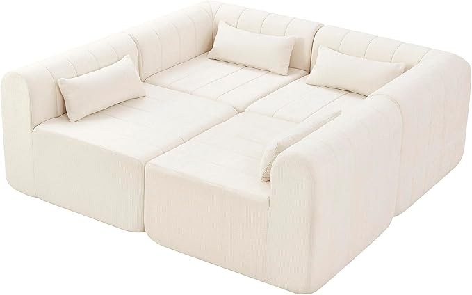 145.5 Inch Modular Full-Compressed Sectional SofaBeige Polyester Upholstered Modular Sofa with 4 PiecesCompressed Sponge Modular Couch for Living Room (Beige#81)