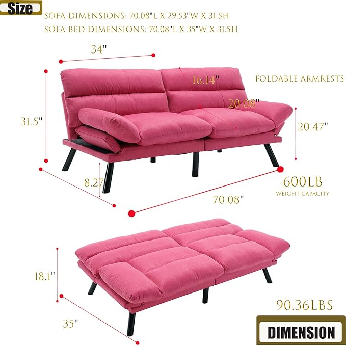 70“Futon Sofa BedConvertible Folding Futon Couch Breathable Small CouchUpholstered Double Loveseat Bed for Compact Living Studio in Room and BedroomOfficesFamilyDorm (Rose Red Linen)