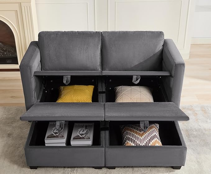 asunflower Modular Sleeper Sectional Couch with Seats Stroage 2 Seater Couch Small Sleeper Loveseat with Ottomans Gray Modular Sofa with Reclining Arms &amp Backs for Home Office Apartments