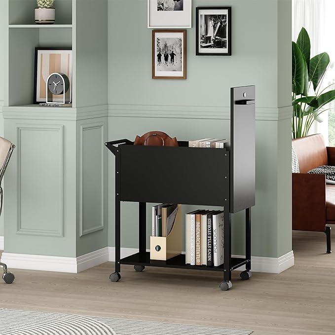 Yizosh Metal Rolling File Storage Cart with Wheels Mobile File Cabinet with Lock Filing Cabinet Organizer for Legal/A4 (Black)