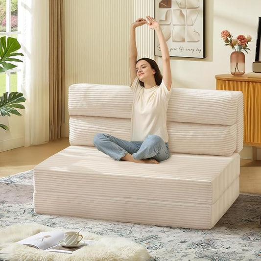 Folding Sofa Bed Convertible Sleeper Chair with Pilow Foldable Matress 2 in 1 Pull Out Loveseat Sofa Portable Fold Out Chair Bed Floor Couch Lounge for Living Room Bedroom (Beige Twin)