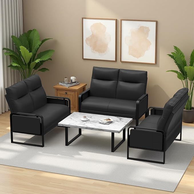 Small Loveseat Sofa with Side Table &amp Metal Legs Upholstered Faux Leather Loveseat for Small Spaces Couch for Living Room Reading Office Bedroom (Black)