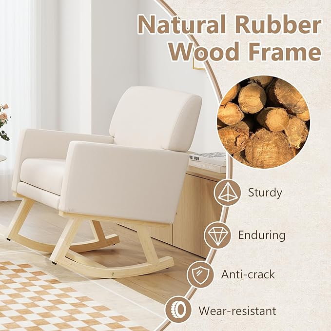 Giantex Upholstered Rocking Chair Nursery Rocking Chair w/Widened Back Machine-Washable Seat Cushion Cover Solid Rubber Wood Frame Glider Rocker Accent Chair for Living Room Bedroom Beige