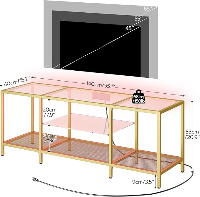 HOOBRO TV Stand with LED Lights and Power Outlets for TVs up to 65 Modern 55 Inch Tempered Glass TV Console Table with Open Shelves Media Entertainment Center for Living Room Gold GD145UDS01